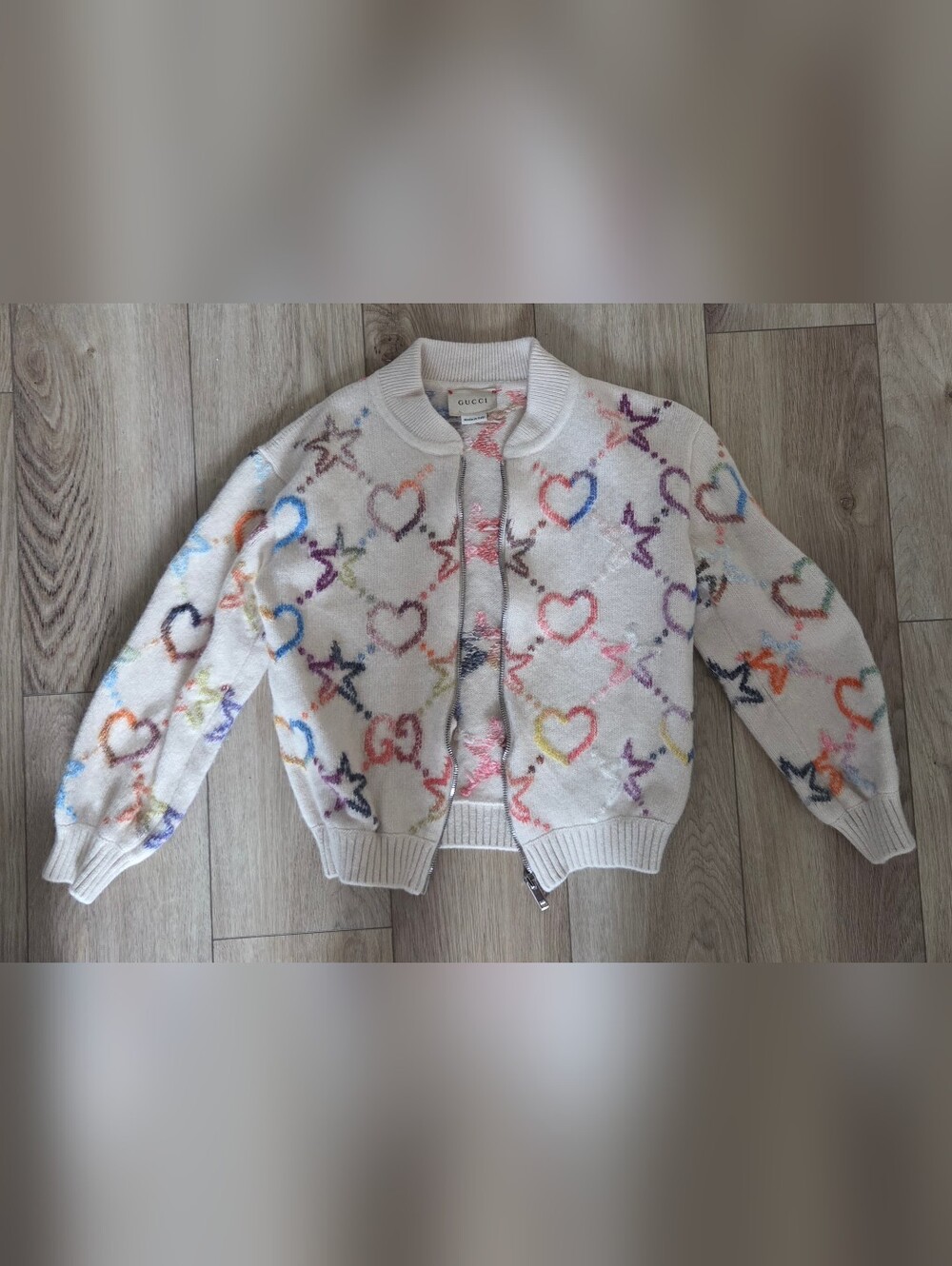 Gucci Cream Kids Zip Cardigan with Multicolor Hearts & Stars